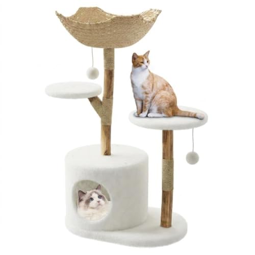 Modern Cat Tree, Solid Wood Cat Tree Tower with Hand-Woven Basket Cat Condo, Natural Jute Scratching Posts Modern Cat Tower with Plush Perches & Dangling Balls, Cat Trees for Kittens & Adult Cats - size: Two Branch