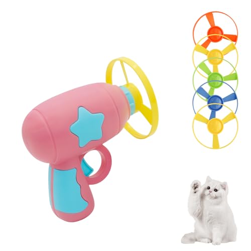 Andiker Cat Fetch Toy, Interactive Kitten Flying Disc Launcher Toy with 5 Colorful Flying Propellers for Cat Enrichment, Flying Saucer Toy for Cats for Training and Chasing (Pink) - color: Pink