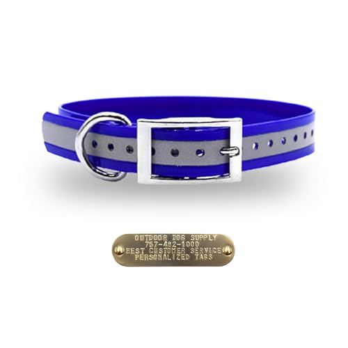 Outdoor Dog Supply Personalized 1" Reflective Blue Extra Long D-Ring Dog Collar with Custom 3/4" Brass Nameplate | Waterproof, Odor-Resistant, Adjustable for Large and Giant Breed Dogs - color: Dark Blue