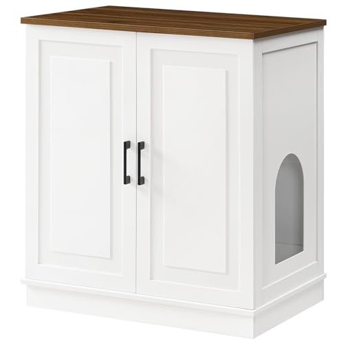 MAHANCRIS Large Cat Litter Box Enclosure, 33.5" Tall Hidden Litter Box Furniture for Small Self Cleaning Litter Box, Farmhouse Wooden Litter Box Cabinet, Cats House, Side Table, White and Walnut