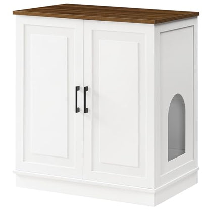 MAHANCRIS Large Cat Litter Box Enclosure, 33.5" Tall Hidden Litter Box Furniture for Small Self Cleaning Litter Box, Farmhouse Wooden Litter Box Cabinet, Cats House, Side Table, White and Walnut