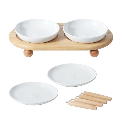 Havniva Cat Bowls Elevated 5.6” Ceramic Cat Bowl with Stand Whisker Friendly Cat Dishes, Cat Food & Water Bowl Set with Two Heights Options, Raised Cat Food Plates for Kitten Anti-Slip Pet Bowls - color: 2 Bowls+2 Shallow Dishes+Stand- White
