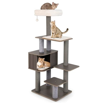 PETSITE 59.5 Inches Modern Cat Tree, Multi-Level Cat Tower with Scratching Posts, Large Condo with Removable Pad, Cushioned Soft Top Perch, and Interactive Dangling Ball (Grey) - color: Grey