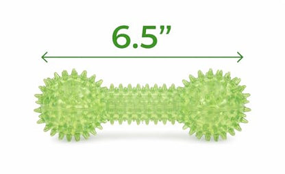Squeaky Spiky Dog Barbell Toy for Teeth Cleaning & Gum Massage 6.3 Inch Medium Large Dogs Green | Spiny TPR Rubber Chew Toy for Fetch Play Interactive Dental Barbell Durable BPA Free Nontoxic Floats - size: Green Bone 1-Pack