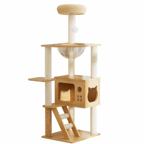 Modern Wooden Cat Tree Tower, 48.8 Inch, with Sisal Scratching Posts, Acrylic Hammock, Condo House and Ladder, for Indoor Cats
