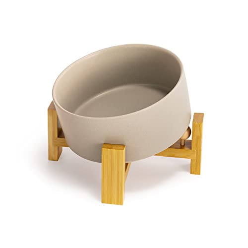 SPUNKYJUNKY 15° Slanted Ceramic Dog Bowl with Elevated Bamboo Stand - Tilted Pet Feeder for French Bulldog Pugs No Slip Anti-Vomiting for Cat Medium Dog Flat Face Pets 28.7 OZ (3.6 Cups, Grey) - color: Grey, size: 3.6 CUPS × 1
