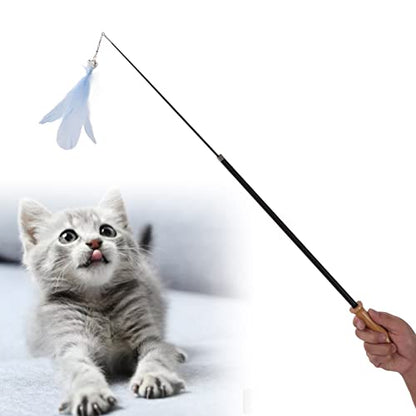 Retractable Cat Teaser Wand, 38.8in Telescopic Feather Toy with Carbon Fiber Rod and Bell for Indoor Kittens (Blue) - color: Blue