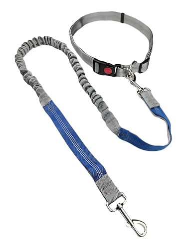 Hands Free Dog Leash for Running Waist Leash for Dog Walking, Double Handle Bungee Leash with Reflective Stitching and Adjustable Dog Walking Belt, Grey/Blue - color: Grey/Blue