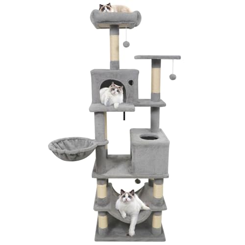 PETSITE 66 Inches Tall Cat Tree, Multi-Level Cat Tower with Sisal Scratching Posts, Side Basket, 2 Comfy Condos, Hammock, Soft Padded Top Perch, and Hanging Balls, Ideal for Indoor Cats (Grey) - color: Grey