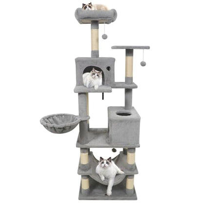 PETSITE 66 Inches Tall Cat Tree, Multi-Level Cat Tower with Sisal Scratching Posts, Side Basket, 2 Comfy Condos, Hammock, Soft Padded Top Perch, and Hanging Balls, Ideal for Indoor Cats (Grey) - color: Grey