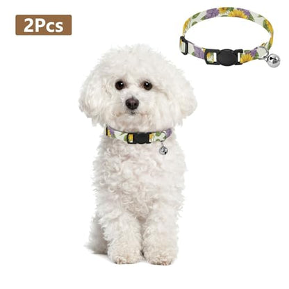 2 Pack Small Dog Collar Yellow Sunflowers Cream Cat Collar with Bell, Adjustable 10.6 to 17.1 Inches - color: Yellow Sunflowers Cream