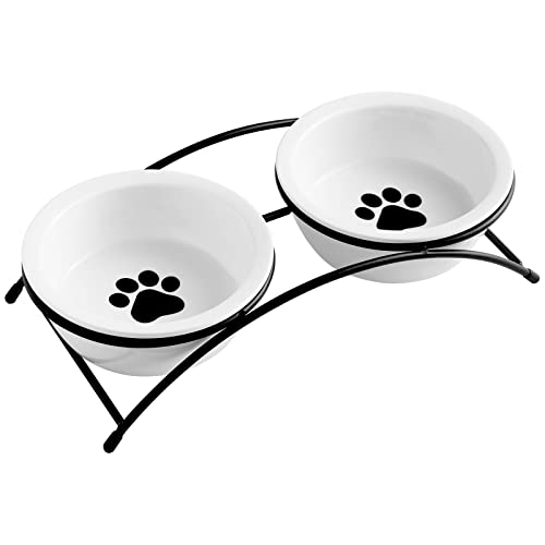 ZONEYILA Elevated Cat Bowls, Dog Bowl, Ceramic Raised Cat Food Water Bowl Set with Metal Stand for Indoor Cats Small Dog, Prevent Neck Pain,12 Ounces, Cute Paw Pattern - color: Paw Pattern Bowls & Black Stand
