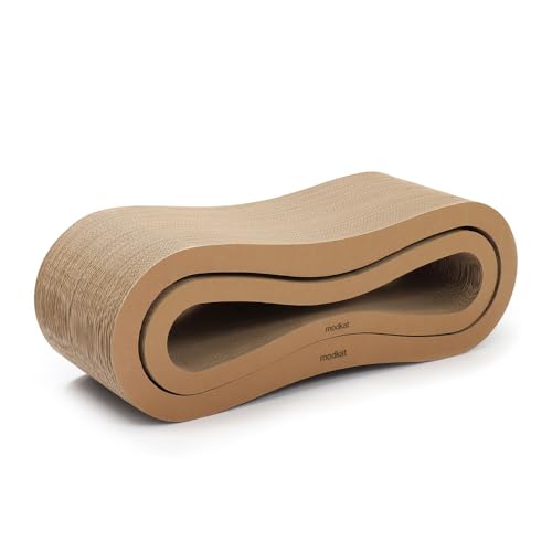 Modkat® Premium 2 Cat Scratcher Set. Large (30L X 10.6H in.) and Small (26.6L X 7H in.) Sizes. Scratch, Play Lounge. High-Grade Cardboard, 100% Recyclable, Reversible.