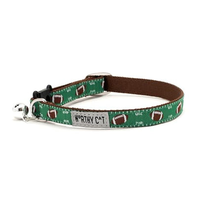 THE WORTHY DOG Football Field Cat Collar with Bell, Adjustable Nylon Safety Collar, Green, One Size - color: Green-Football Field