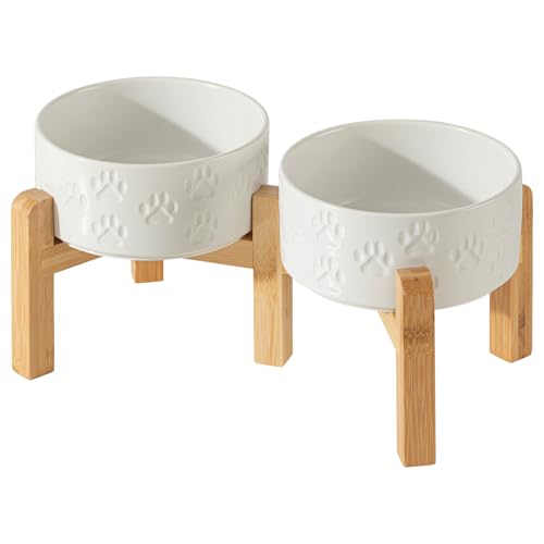 Elevated Ceramic Dog Bowl Set, 6" Dog Bowls with Dual Fixed Heights Stand, 3.5 Cup Food and Water Bowls for Small Breed Dogs, Microwave Safe (Double Bowls + Stand - White, 6 inch) - color: Double Bowls + Stand - White, size: S - 6 Inch