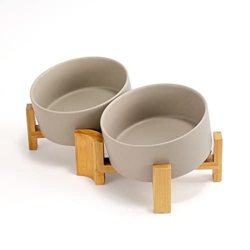 SPUNKYJUNKY 15° Slanted Ceramic Dog Bowl with Elevated Bamboo Stand - Tilted Pet Feeder for French Bulldog Pugs No Slip Anti-Vomiting for Cat Medium Dog Flat Face Pets 28.7 OZ (3.6 Cups, Grey × 2) - color: Grey, size: 3.6 CUPS × 2