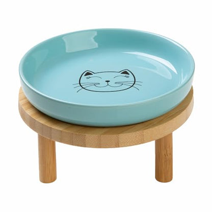 Lusifaco Shallow Elevated Cat Bowls,5.9 Inch Wide Raised Ceramic Cat Dishes with Bamboo Stand, Whisker Friendly Pet Water or Food Plates Feeding Station for Indoor Cats, Kitten(Blue,Set of 1) - color: Blue