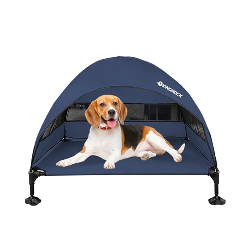 Elevated Dog Bed with Removable Canopy Portable Outdoor Pet Cot Waterproof 600D Oxford Fabric Anti Slip Feet for Large Dogs Camping Beach Indoor and Outdoor Use - color: Navy, size: 42.5"L x 30"W x 33"Th