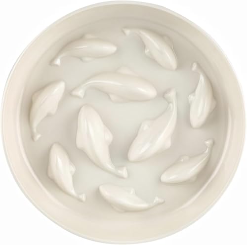 Slow Feeder Bowl for Cats and Small Dogs,Cilkus Fish Pool Design, Fun Interactive Bloat Stop Puzzle Feeder Bowl Healthy Eating Diet Made of Melamine Food Grade Material (White(Melamine)) - color: White(Melamine)