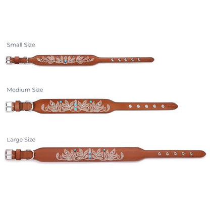 Blueberry Pet Western Dog Collar in Canyon Brown - 12-15 Inch Necks Floral-Embroidered Leather with Turquoise Studs, Adjustable - color: Canyon Brown, size: Small
