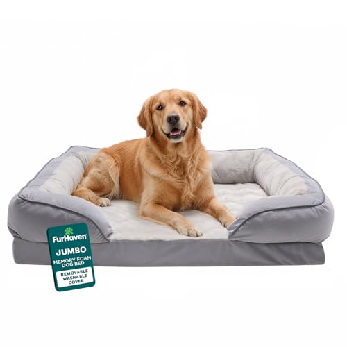 FurHaven Perfect Comfort Sofa Orthopedic Dog Bed for Large Dogs, Memory-Top Foam with a Solid Orthopedic Foam Base for Joint Support, Removable Washable Cover, Jumbo XL, Plush & Velvet, Granite Gray - color: Granite Gray (Plush & Velvet Waves), size: 40.0