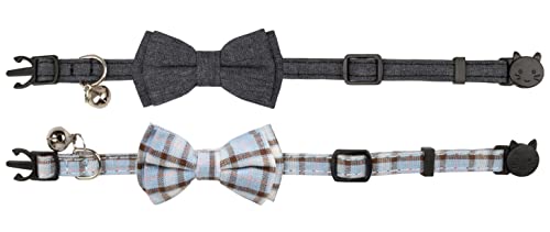Cat Collar Breakaway Bowtie Safety with Bell Adjustbale Kitten Puppy Solid Plaid Color Set D-[2pcs] Grey - color: D-[2pcs] Grey