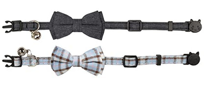 Cat Collar Breakaway Bowtie Safety with Bell Adjustbale Kitten Puppy Solid Plaid Color Set D-[2pcs] Grey - color: D-[2pcs] Grey