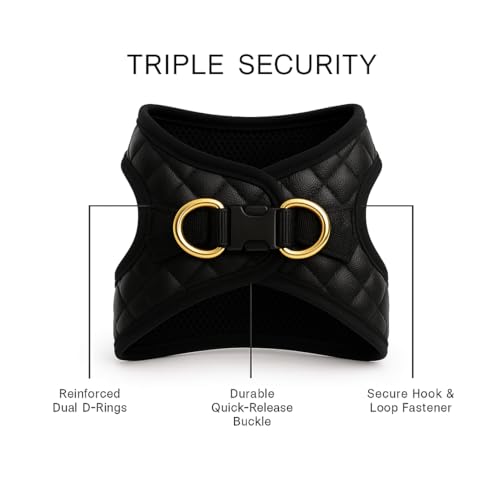 Step in Dog Cat Harness Choke Free Escape Proof Pet Vest Quilted Vegan Leather Breathable Mesh Padded for Small Medium Dogs (Black, Large) - color: Black, size: Large: Neck=12.5-14''/Chest:18-21''