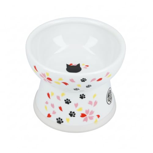Necoichi Raised Cat Food Bowl – Ceramic Elevated Cat Bowl for Whisker & Neck Fatigue, Dishwasher Microwave Safe – Non-Slip & Anti Vomiting Ergonomic Design (Sakura Floral, Large, 2-Cup Capacity) - color: Sakura, size: Large Flat (2 Cups)
