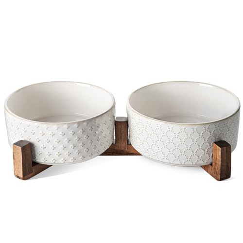 LE TAUCI Ceramic Dog Bowls with Acacia Wood Stand - 7 Inch Food & Water Set for Medium-Large Dogs - Weighted Pet Bowls - color: Fireworks+Clover, size: L-5 Cup