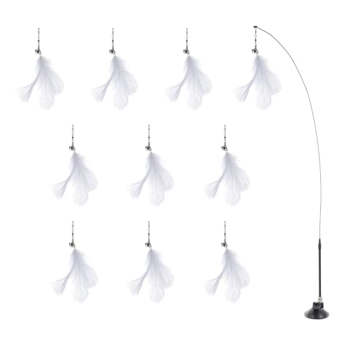 WOONEKY Interactive Cat Teaser Stick with Bell, Suction Cup Base, Steel Wire Plumage Wand, 10pcs Set with 10 Replacement Heads for Indoor Cat Play and Stress Relief