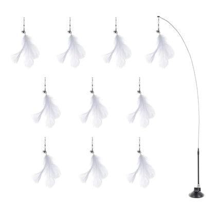 WOONEKY Interactive Cat Teaser Stick with Bell, Suction Cup Base, Steel Wire Plumage Wand, 10pcs Set with 10 Replacement Heads for Indoor Cat Play and Stress Relief