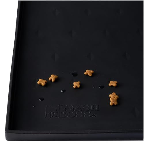 Leash Boss Waterproof Spill Guard Dog & Cat Silicone Dog Food Mat - Non-Slip Raised Edge Dog Bowl Mat - Waterproof Spill Guard Cat Food Tray - 25 x 17 in, Black - color: Black, size: XL - 25" x 17"