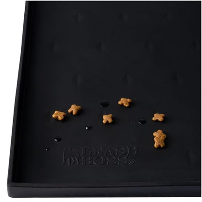 Leash Boss Waterproof Spill Guard Dog & Cat Silicone Dog Food Mat - Non-Slip Raised Edge Dog Bowl Mat - Waterproof Spill Guard Cat Food Tray - 25 x 17 in, Black - color: Black, size: XL - 25" x 17"
