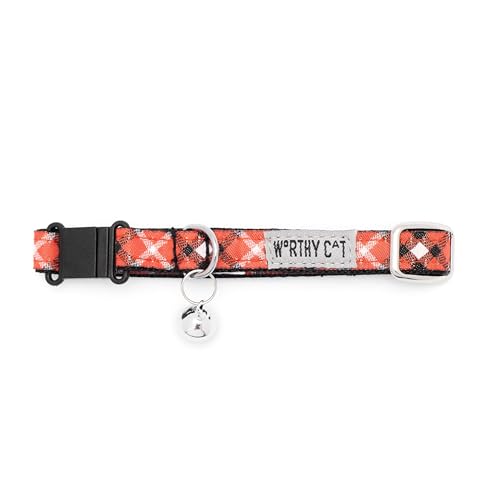THE WORTHY DOG Patterned Bias Plaid Cat Collar with Bell, Adjustable Nylon Safety Collar, Red, One Size - color: Red-Bias Plaid
