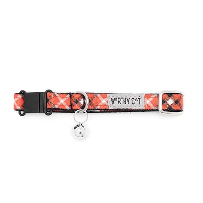 THE WORTHY DOG Patterned Bias Plaid Cat Collar with Bell, Adjustable Nylon Safety Collar, Red, One Size - color: Red-Bias Plaid