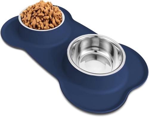 Dog Food Bowls Stainless Steel Dog Bowls, Food Water Bowl Set with No Spill Non-Skid Silicone Mat, Dog Dish Double Pet Feeder Bowls for Small Medium Sized Large Dogs Cats Puppy, Blue - color: BLUE, size: 4¾ Cup/38 oz each