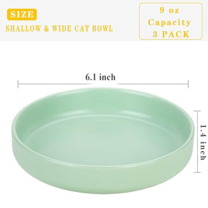 Ceramic Cat Bowls,Shallow Cat Dishes for Food and Water, 6 inch Matte Finish Wide Cat Food Bowl,Whisker Fatigue Free Pet Puppy Kitten Bowl Set of 3,Dishwasher Safe - color: Mint green