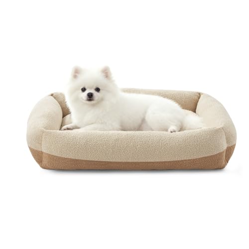 Washable Small Dog Bed, Rectangle Comfy Fluffy Kitten Puppy Bed, Removable Zipper Cover Machine Wash, Breathable Orthopedic Bed Durable Pet Cuddler with Anti-Slip Bottom, 20x19x6 in, Beige - color: Beige, size: S(20"x19"x6”)