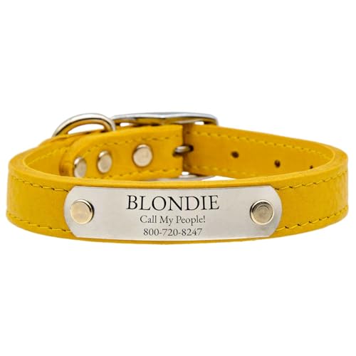 dogIDs Personalized Soft Designer Leather Dog Collar - Adjustable, Odor Resistant, Built-in Custom Laser Engraved Rivet on Name Plate - Tobacco Brown - 1/2 in Wide x 9 in Neck - color: Tobacco Brown, size: 1/2 in wide x 11 in (its 8-10 inch necks)