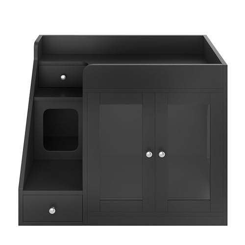 Merax Cat Litter Box Enclosure Furniture with Light,Hideaway Litter Box Furniture with 2 Storage Drawers for Living Room,Black - color: Black