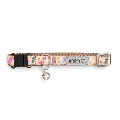 THE WORTHY DOG Wild Wild West Cat Collar with Bell, Adjustable Nylon Safety Collar, Beige, One Size - color: Beige-wild Wild West