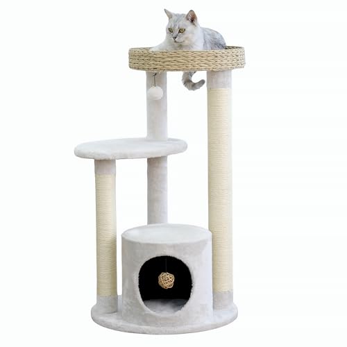 PetPals 4-Level Multi-Activity Cat Tree with Base Condo,Handwoven Paper Rope Top Nest Bed, Replaceable Sisal Scratching Posts,Teaser Toy (Cream and Beige) - color: Cream and Beige