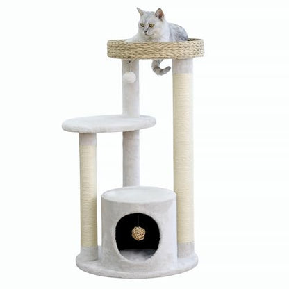 PetPals 4-Level Multi-Activity Cat Tree with Base Condo,Handwoven Paper Rope Top Nest Bed, Replaceable Sisal Scratching Posts,Teaser Toy (Cream and Beige) - color: Cream and Beige