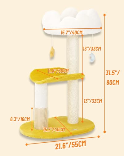 Happi N Pets Cloud Cat Tree, 31.5in Multi-Level Indoor Cat Tower with Scratching Posts, Viewing Perch, Removable & Washable Cushions, Cat Activity Tree with Dangling Toy - size: 31.5" with Scratching Posts