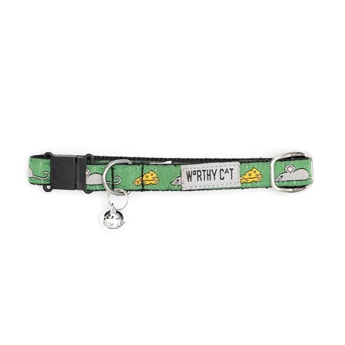 THE WORTHY DOG Mouse and Cheese Cat Collar with Bell, Adjustable Nylon Safety Collar, Green, One Size - color: Green-Mouse and Cheese