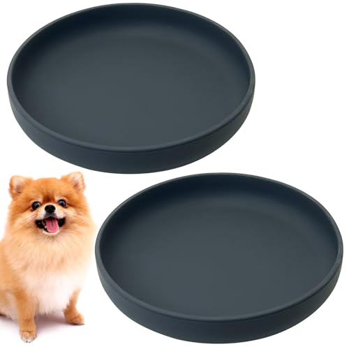 Silicone Dog Bowl Set of 2 Flat Puppy Food & Water Dish Less Mess Cat Dry Food Plates with Suction Cup Non-Tippable Feeding Bowls for Small & Medium-Sized Pets (Round Grey) - color: Grey
