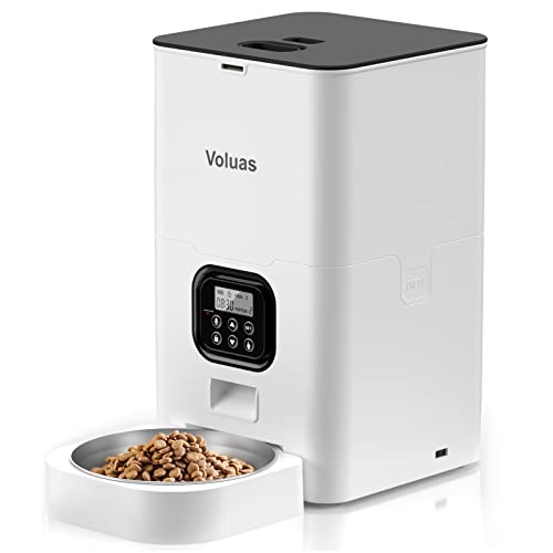 VOLUAS Automatic Cat Feeders - Pet Food Dispenser for Dry Food, Timed Cat Feeder with Desiccant Bag, Programmable Portion Size Control 4 Meals Per Day, 10s Voice Recorder - color: White Opaque, size: 6 L