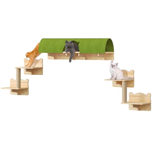 Cat Wall Shelves with Tunnel, 7-in-1 Solid Wood Wall Mounted Cat Furniture with Scratching Post, Cave & Steps, Multi-Level Cat Climbing Wall Systems, Space Saving, Floating Cat Shelves - color: Burlywood, size: 7-in-1