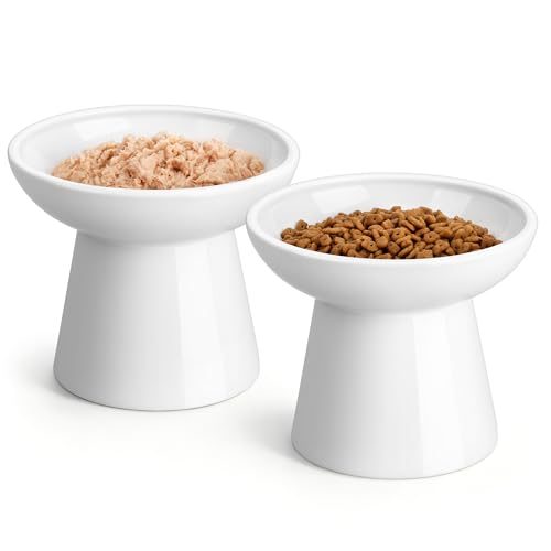 vancasso Elevated Cat Food Bowls 2-Pack, 6.2" Wide Shallow Cat Feeding Bowl for Whisker Fatigue, 5.1" Height Ceramic Raised Food Bowls for Senior Cats, Anti Vomit, White - color: White-Food 2-pack